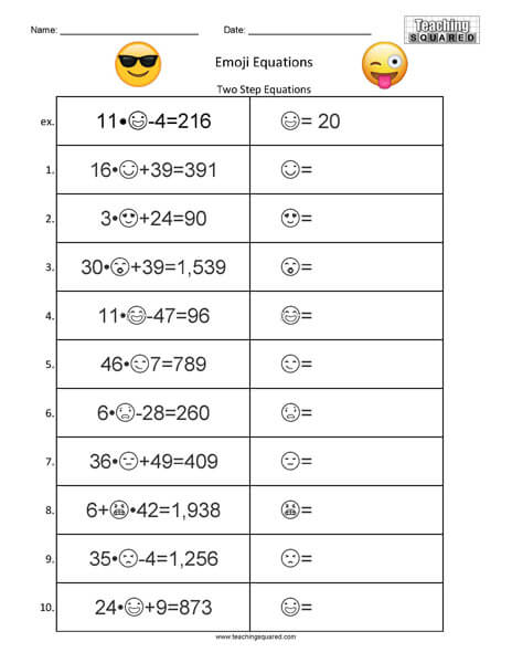 Equations- Two Step Problems math worksheets