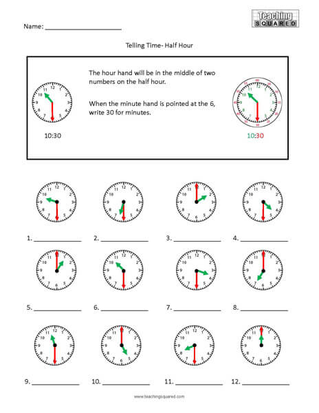 Half Hour Colorful clock time worksheets