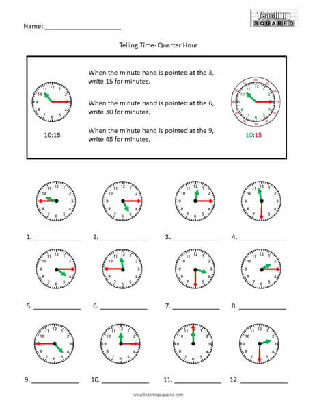 Quarter Hour Colorful clock time worksheets