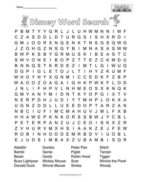 Disney Character Word Search Puzzle