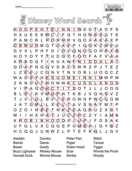 Disney Character Word Search Puzzle Answer Key