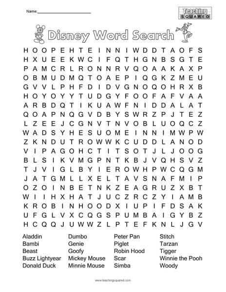 Disney Character Word Search Puzzle