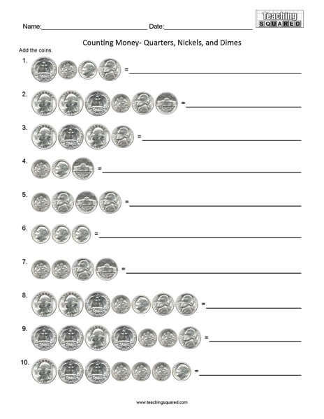 Counting Quarters Dimes and Nickels math worksheets teaching