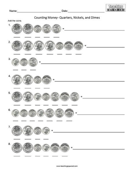 Counting Quarters Dimes and Nickels math worksheets teaching