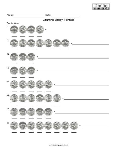 Counting Pennies math worksheets teaching