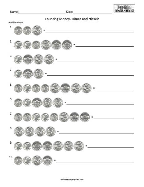 Counting Dimes and Nickels math worksheets teaching