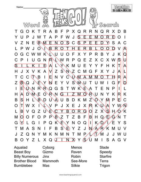 Teen Titans Go Word Search Puzzle Answer Key