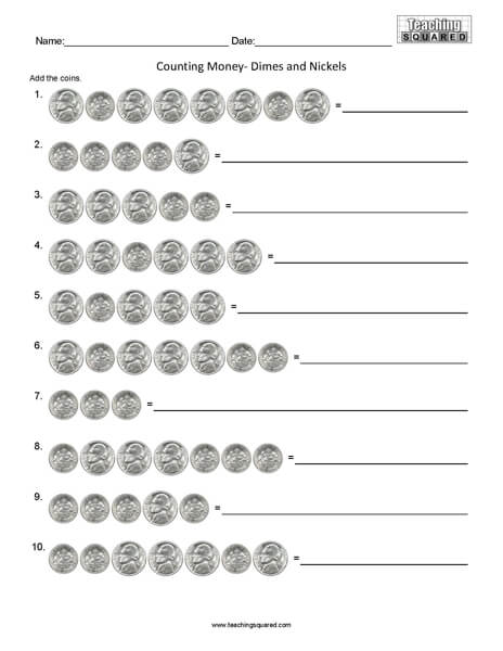 Counting Dimes and Nickels Worksheets