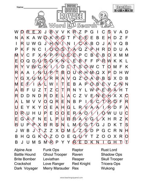 Fortnite Skins Word Search Puzzle Answer Key