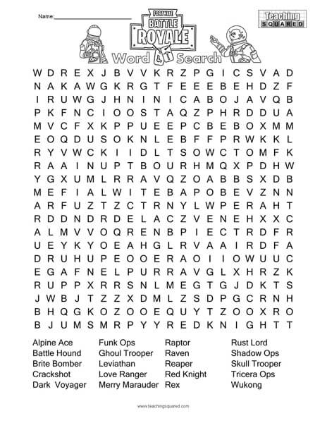 Fortnite Skins Word Search Puzzle