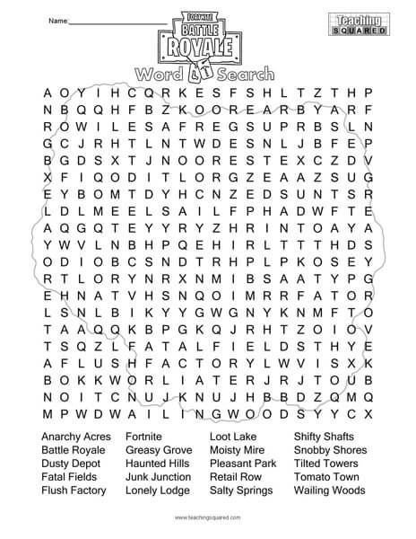 Fortnite Locations Word Search Puzzle
