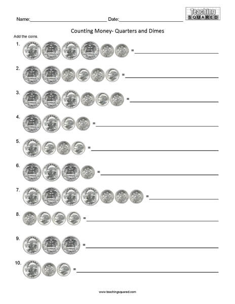 Counting Quarters and Dimes Worksheets