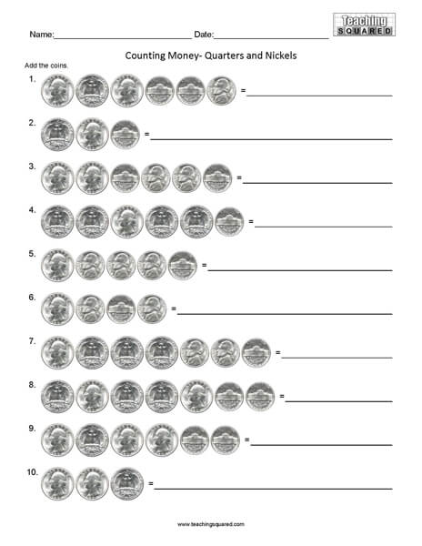 Counting Quarters and Nickels Worksheets