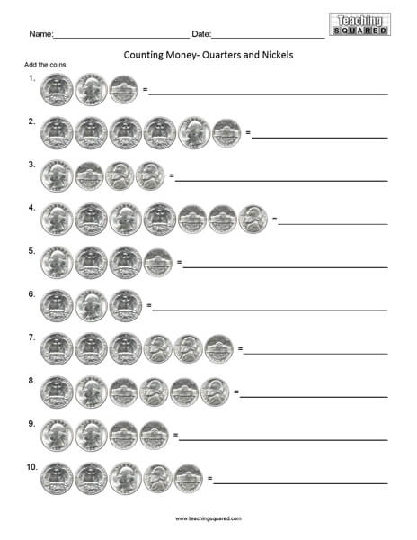 Counting Quarters and Nickels Worksheets