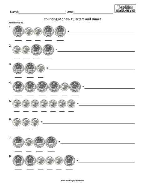 Counting Quarters and Dimes math worksheets teaching