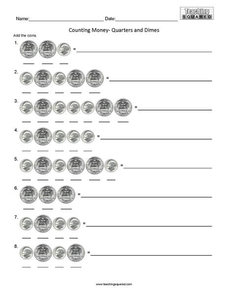 Counting Quarters and Dimes Worksheets