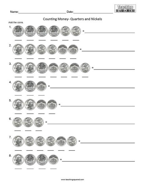 Counting Quarters and Nickels math worksheets teaching