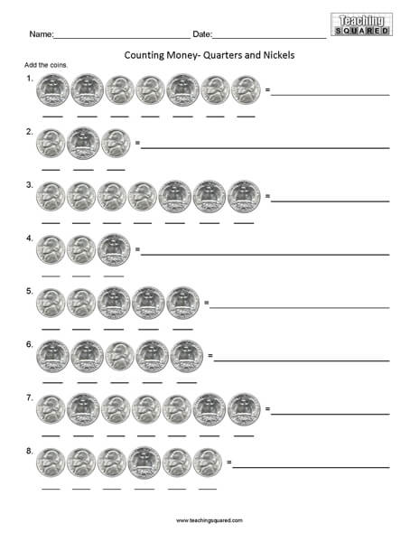 Counting Quarters and Nickels math worksheets teaching