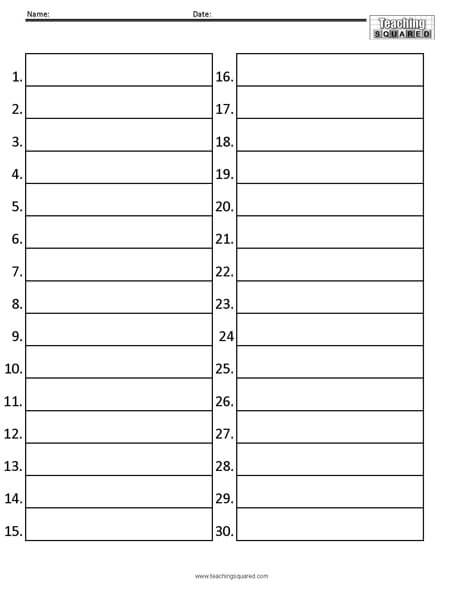 Free Numbered paper to 30 Practice