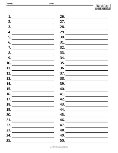 Free Numbered paper to 50 Practice