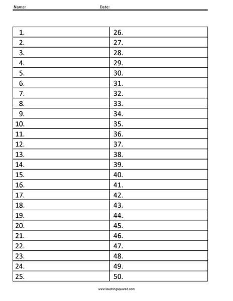Spelling Test Paper to 50