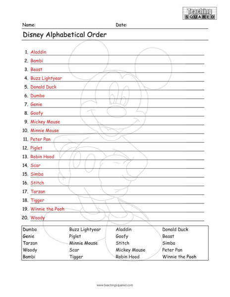 Disney ABC Order Characters Worksheet