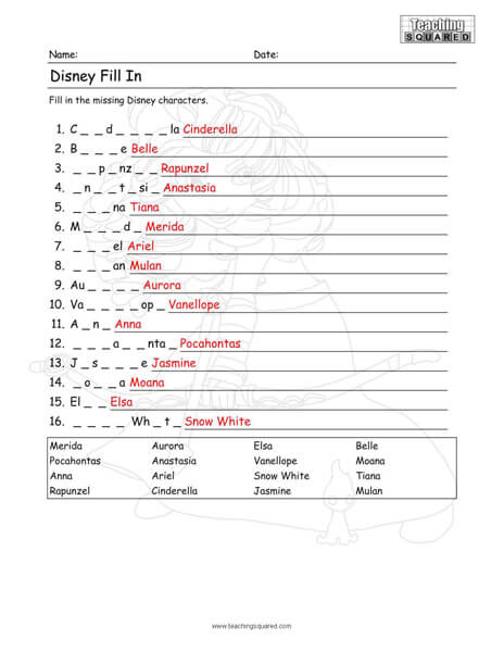 Disney Fill In Characters Worksheet