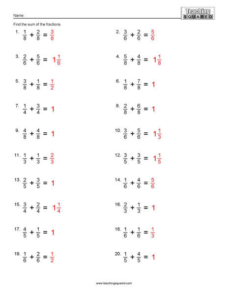 Fraction addition free math worksheets teaching