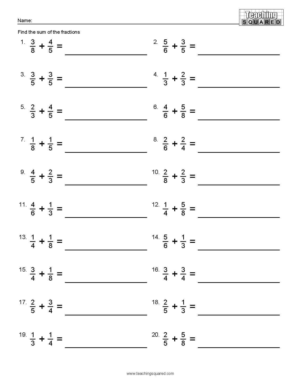 Adding Unlike Fractions - Teaching Squared Pertaining To Adding Fractions Worksheet Pdf