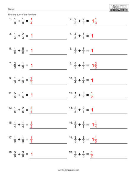 Fraction addition free math worksheets teaching