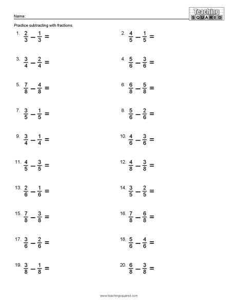 Fraction subtraction free math worksheets teaching