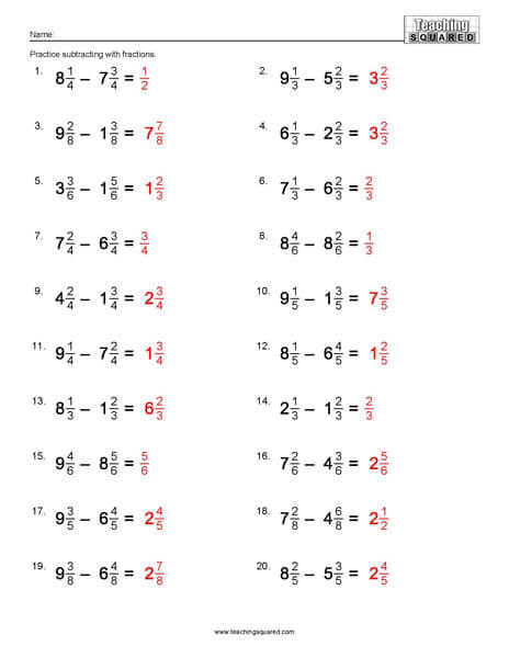 Fraction Subtraction with Whole Numbers
