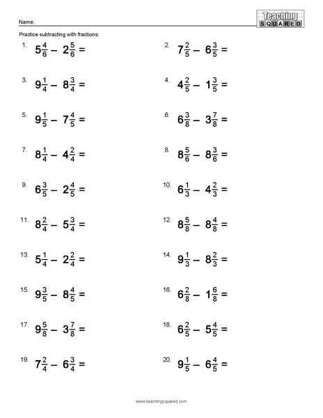 Fraction Subtraction with Whole Numbers