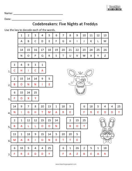 Codebreakers Five Nights at Freddys Worksheet