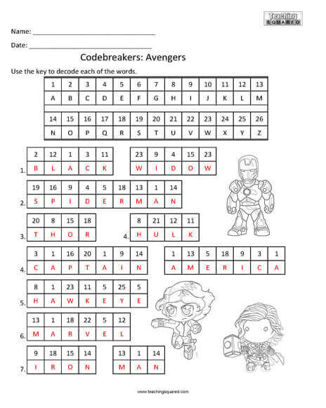 Codebreakers Marvels Avengers Worksheet