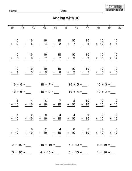 Adding with 10 math worksheets teaching