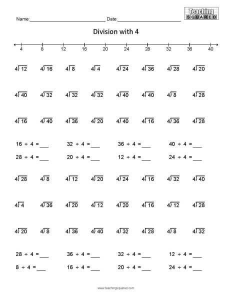 Learning Division- Dividing by 4 teaching and home school worksheets