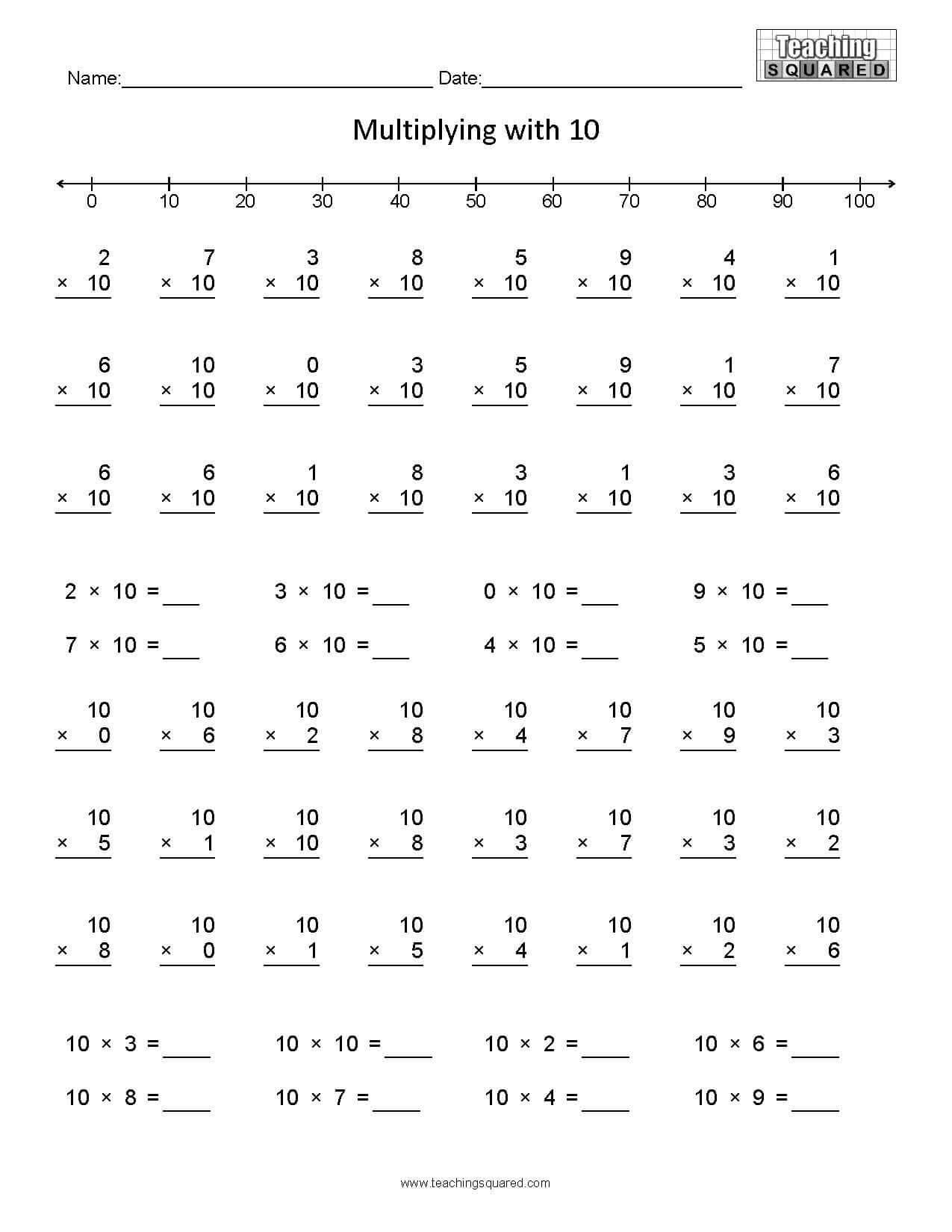 Learning Multiplication- Multiplying by 10 teaching and home school worksheets