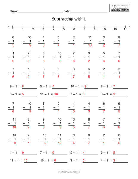 Learning Subtraction- Minus 1 teaching and homeschool worksheets