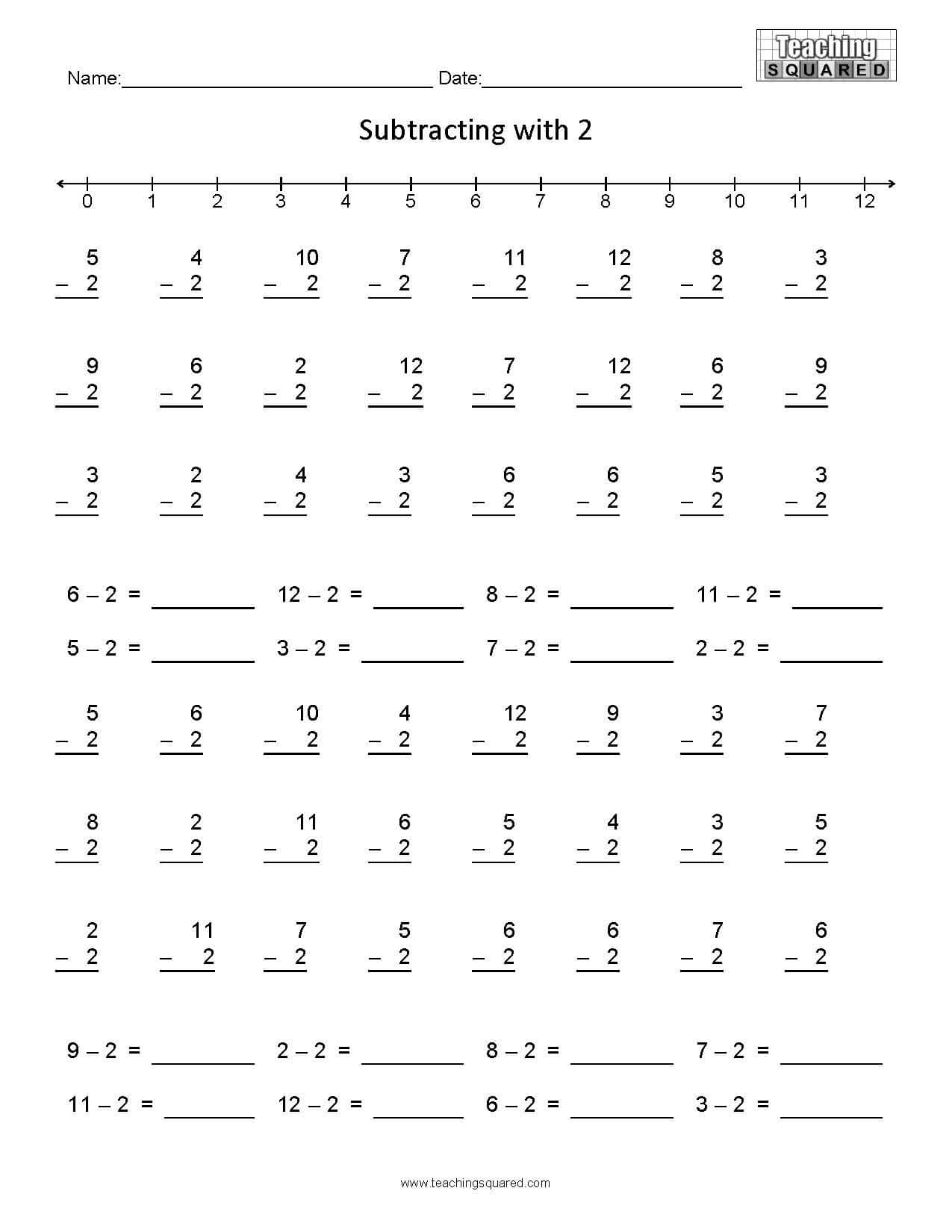 Learning Subtraction- Minus 2 teaching and homeschool worksheets