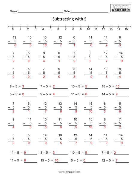 Learning Subtraction- Minus 5 teaching and homeschool worksheets