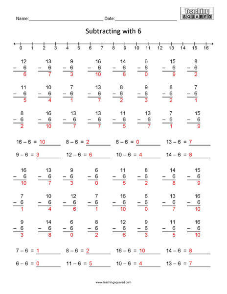 Learning Subtraction- Minus 6 teaching and homeschool worksheets
