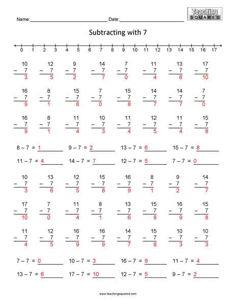 Learning Subtraction- Minus 7 teaching and homeschool worksheets