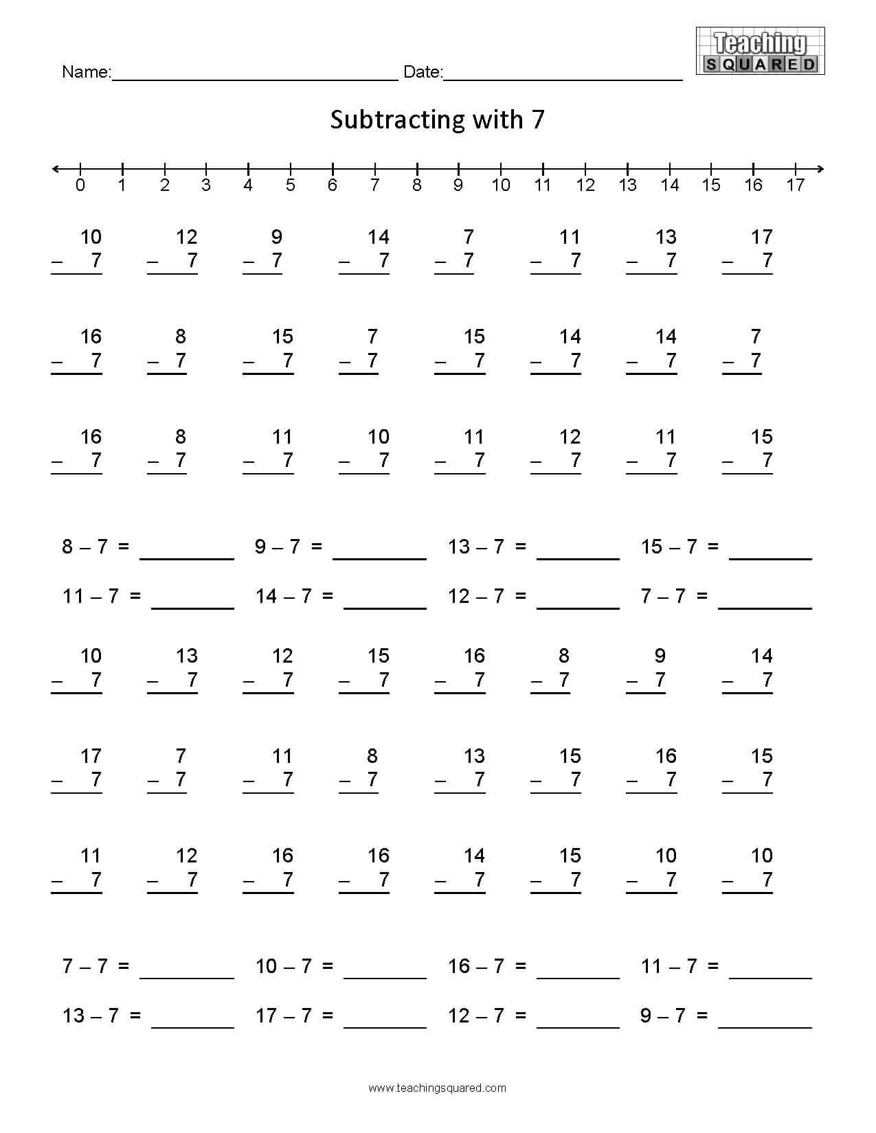 Learning Subtraction- Minus 7 teaching and homeschool worksheets
