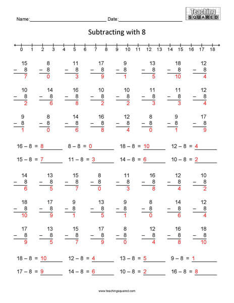 Learning Subtraction- Minus 8 teaching and homeschool worksheets