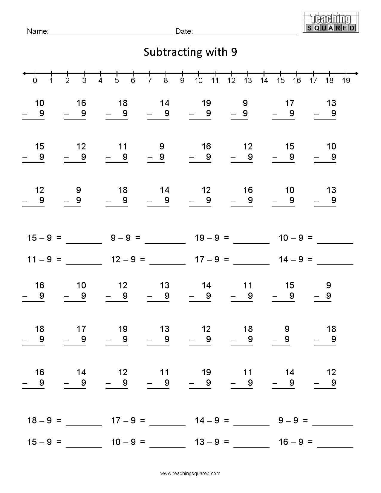 Learning Subtraction- Minus 9 teaching and homeschool worksheets