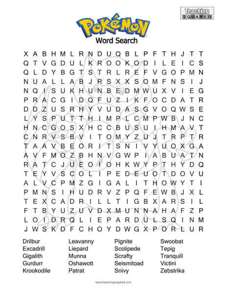 Pokemon Word Search Black And White Teaching Squared