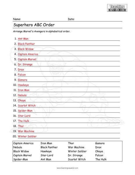 Avengers ABC Order Worksheet
