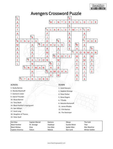 Avengers Crossword Puzzle Worksheet