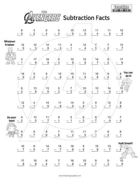 Free printable Avengers Subtraction activity